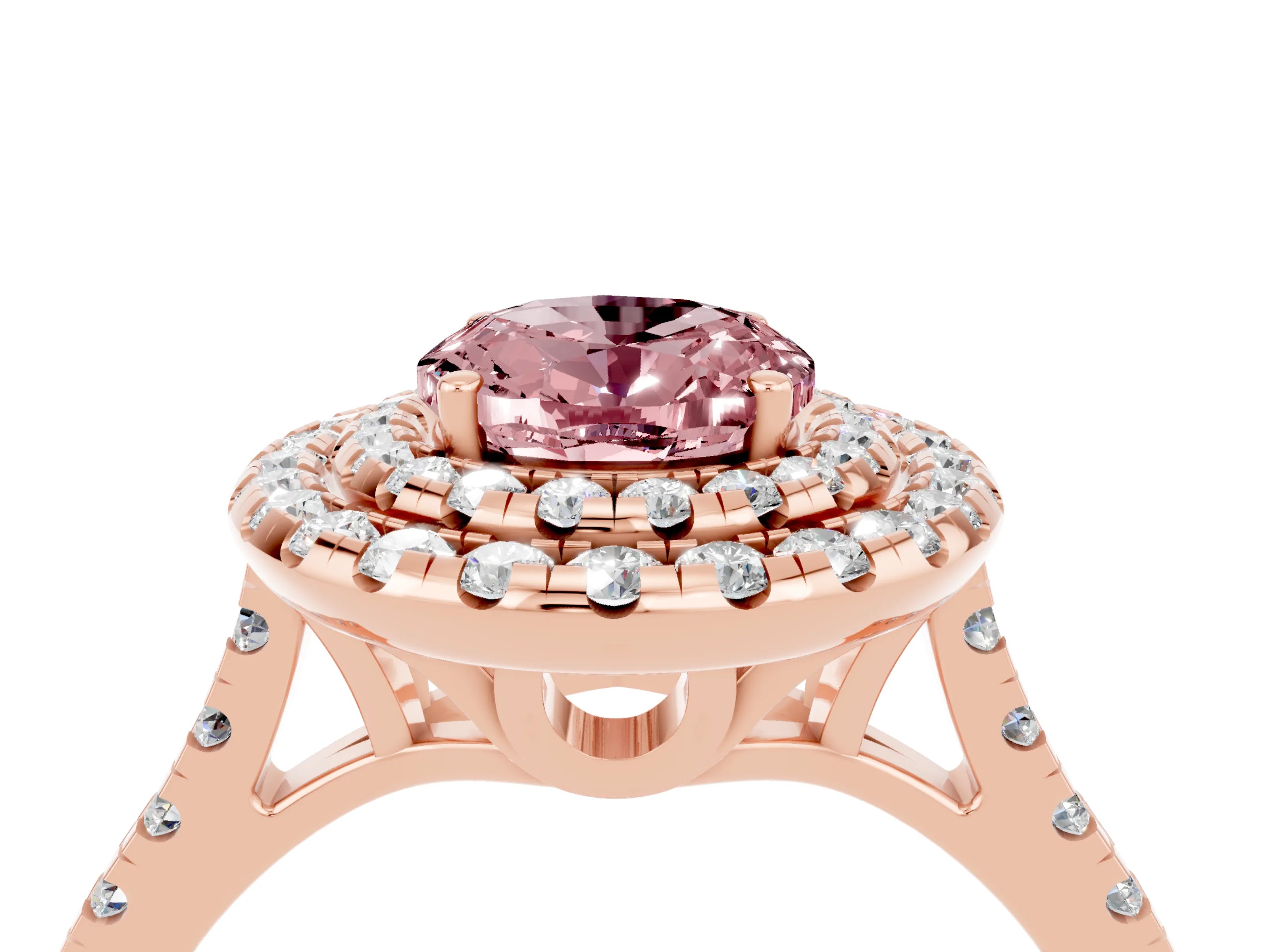 Rose gold Double Halo Oval Cut Morganite Pavé Band with Four-Prong Setting_4