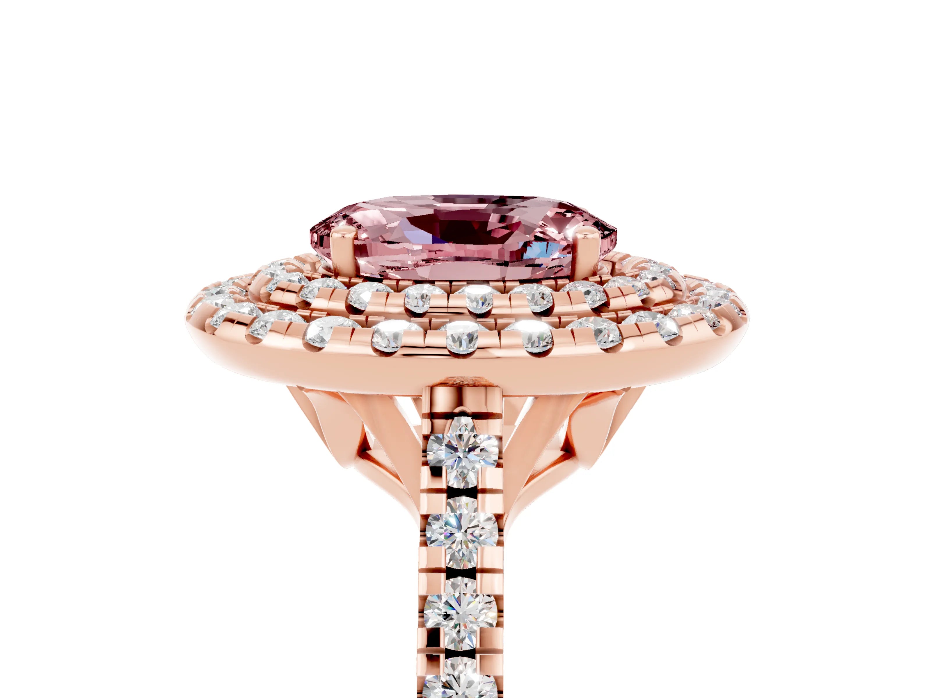 Rose gold Double Halo Oval Cut Morganite Pavé Band with Four-Prong Setting_5