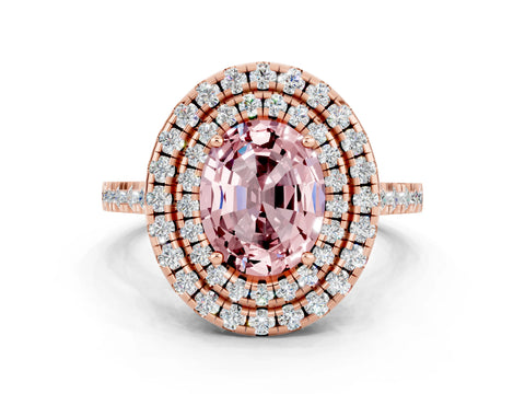 Rose gold Double Halo Oval Cut Morganite Pavé Band with Four-Prong Setting
