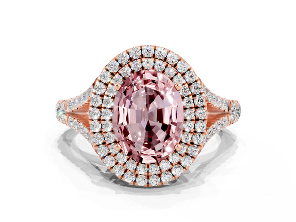 Rose gold Double Halo Oval Cut Morganite Pavé Split Shank Ring with Prong Setting