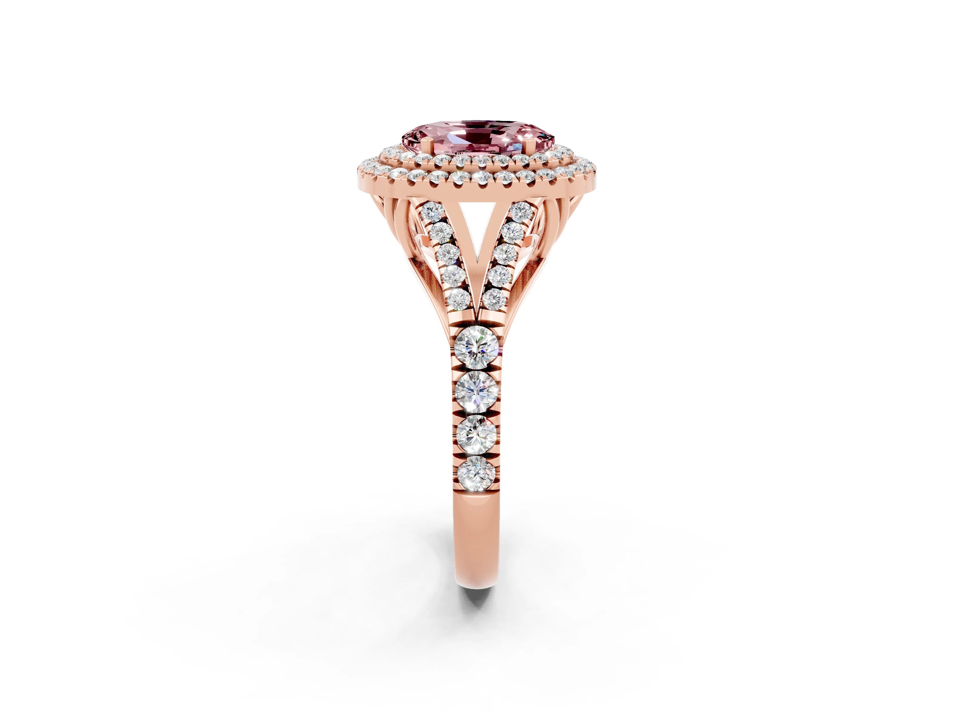 Rose gold Double Halo Oval Cut Morganite Pavé Split Shank Ring with Prong Setting_2