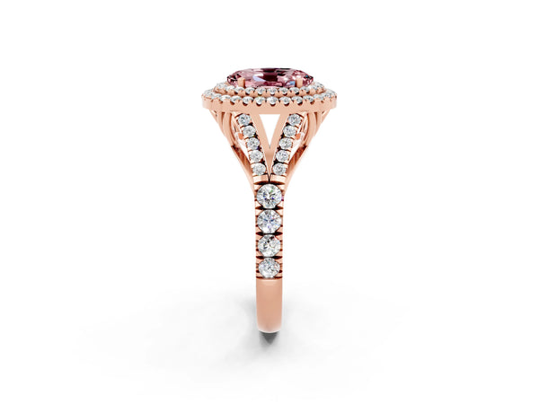 Rose gold Double Halo Oval Cut Morganite Pavé Split Shank Ring with Prong Setting