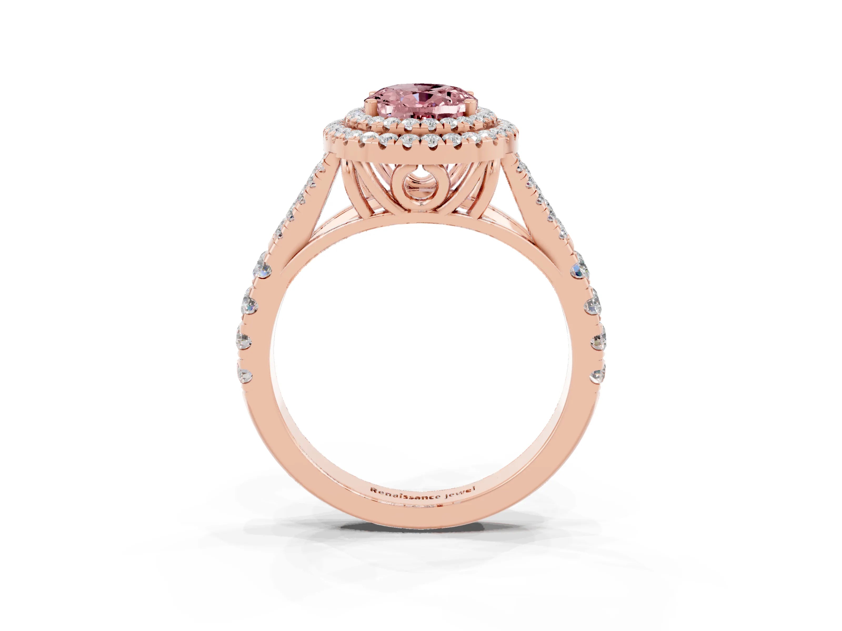 Rose gold Double Halo Oval Cut Morganite Pavé Split Shank Ring with Prong Setting_3