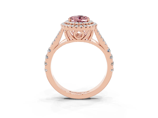 Rose gold Double Halo Oval Cut Morganite Pavé Split Shank Ring with Prong Setting