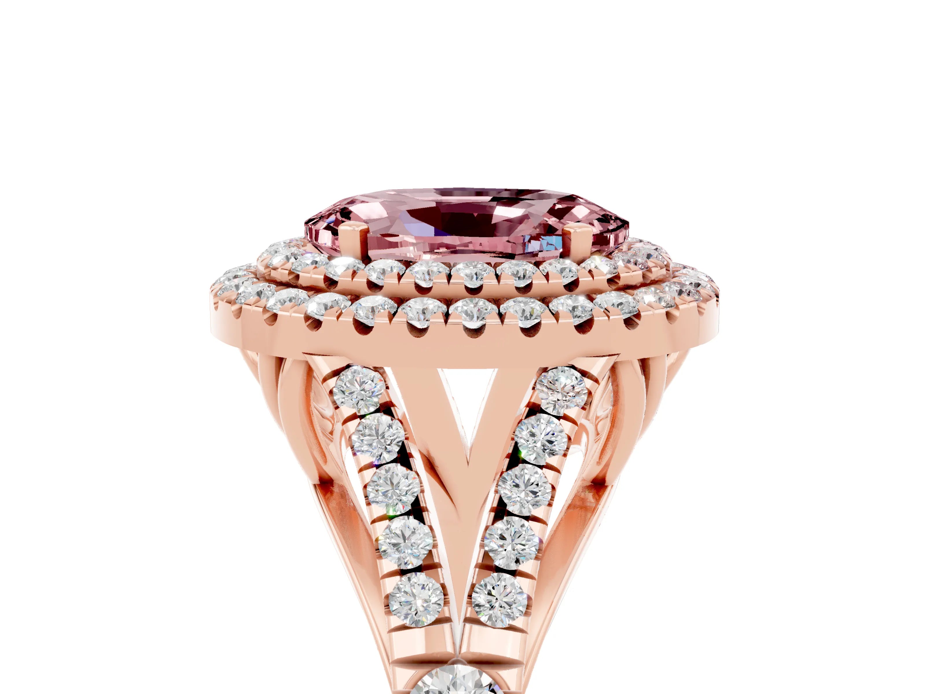 Rose gold Double Halo Oval Cut Morganite Pavé Split Shank Ring with Prong Setting_5
