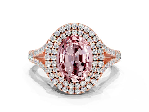 Rose gold Double Halo Oval Cut Morganite Pavé Split Shank Ring with Prong Setting