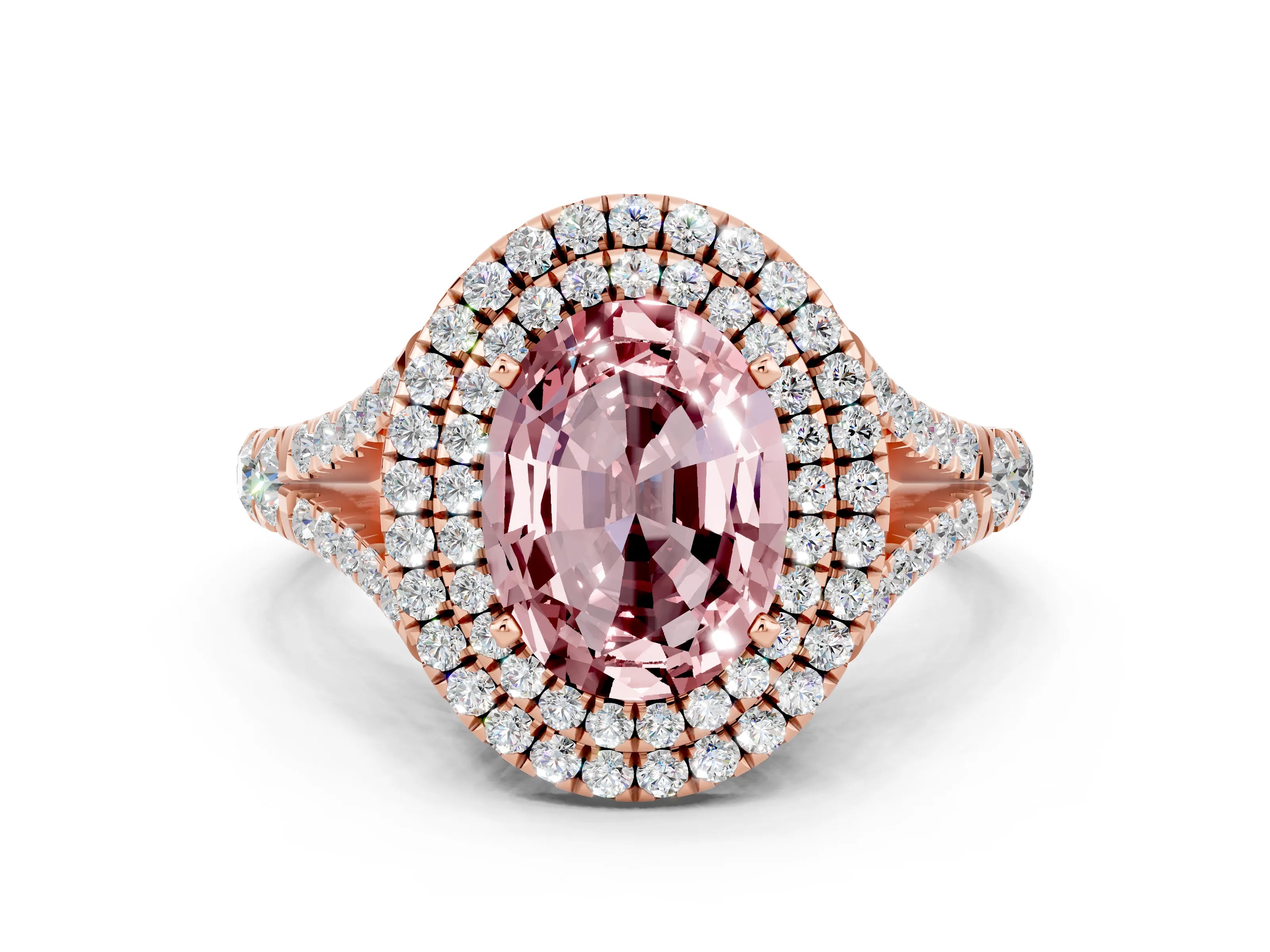 Rose gold Double Halo Oval Cut Morganite Split Shank Engagement Ring with Four-Prong Setting