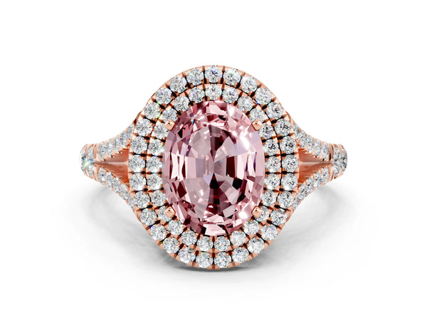 Rose gold Double Halo Oval Cut Morganite Split Shank Engagement Ring with Four-Prong Setting