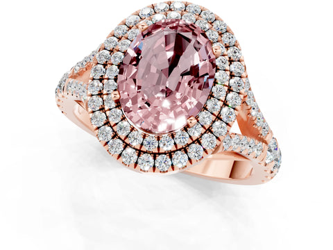 Rose gold Double Halo Oval Cut Morganite Split Shank Engagement Ring with Four-Prong Setting_1