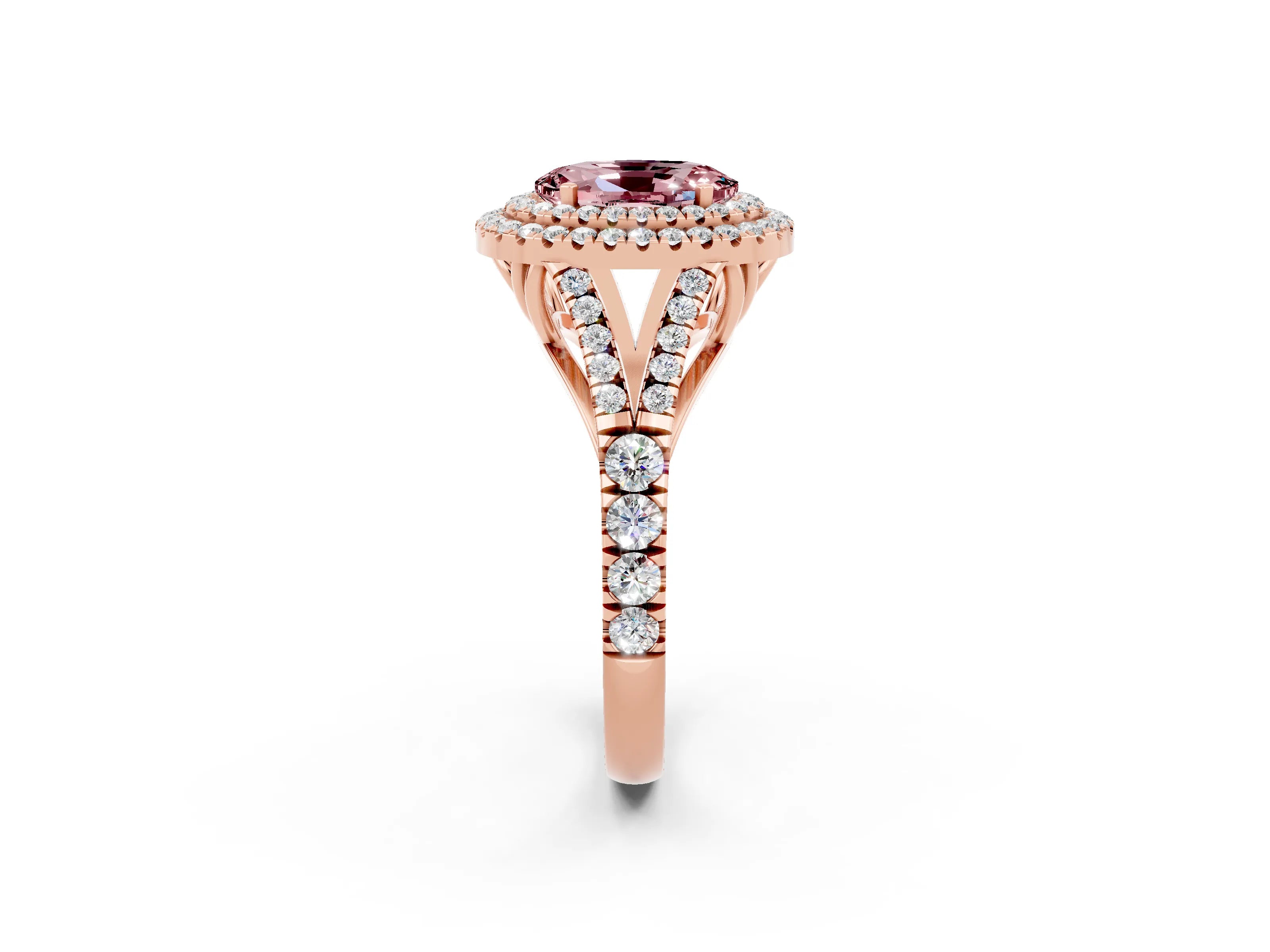 Rose gold Double Halo Oval Cut Morganite Split Shank Engagement Ring with Four-Prong Setting_2