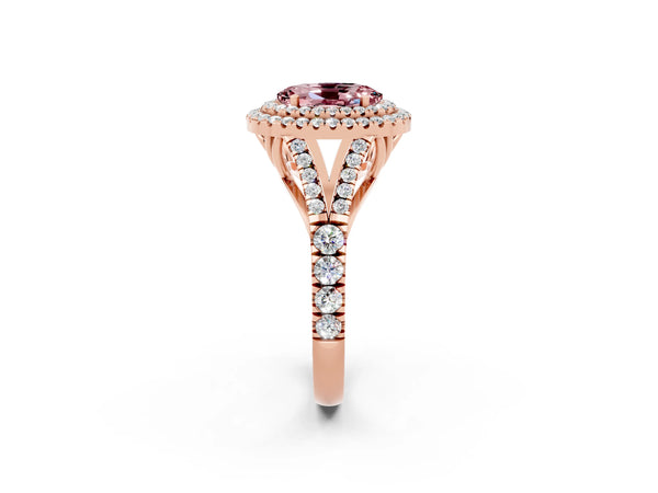 Rose gold Double Halo Oval Cut Morganite Split Shank Engagement Ring with Four-Prong Setting