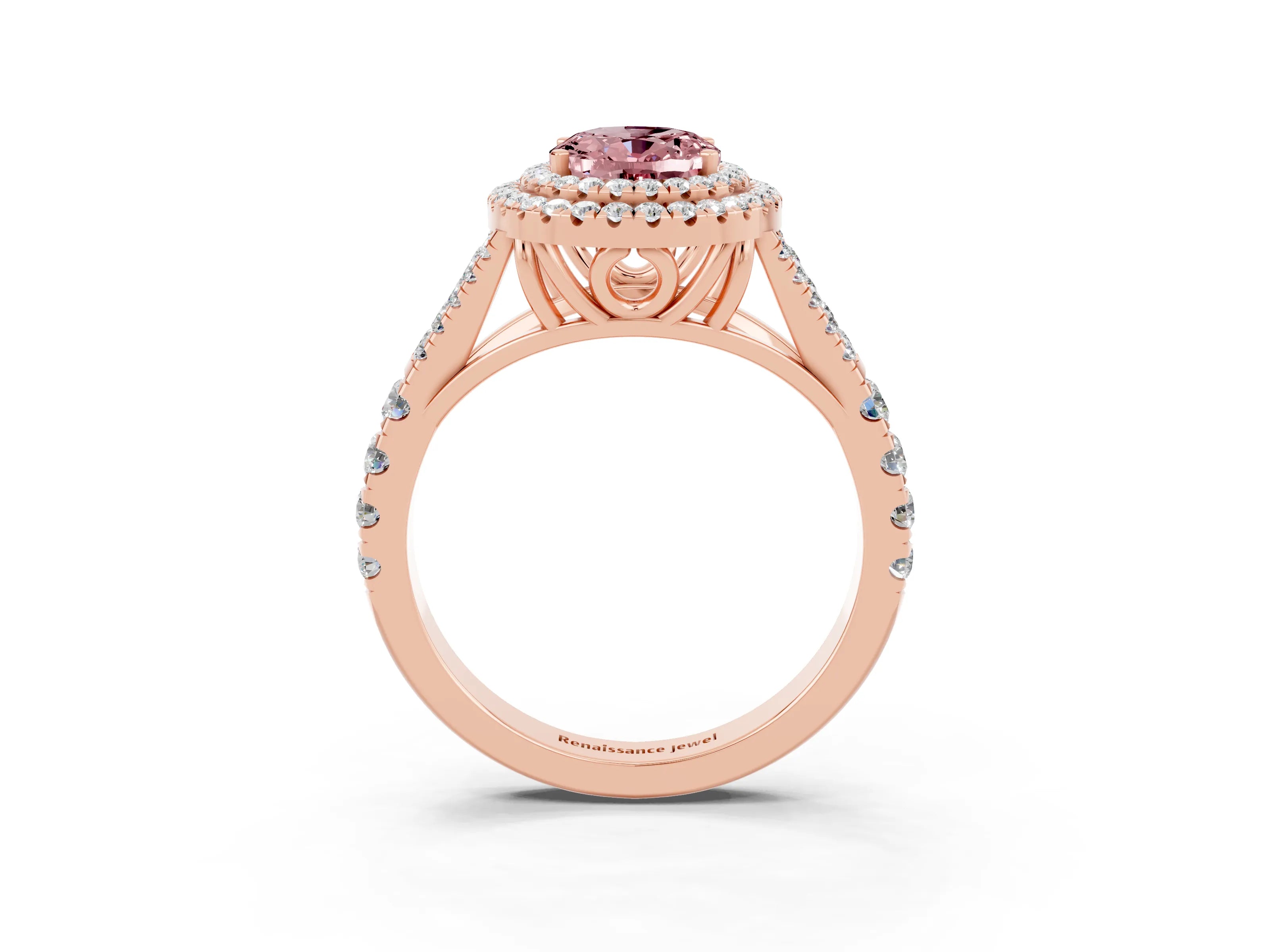 Rose gold Double Halo Oval Cut Morganite Split Shank Engagement Ring with Four-Prong Setting_3