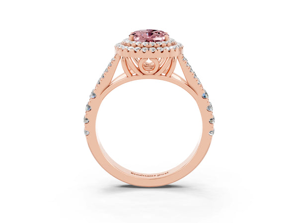 Rose gold Double Halo Oval Cut Morganite Split Shank Engagement Ring with Four-Prong Setting