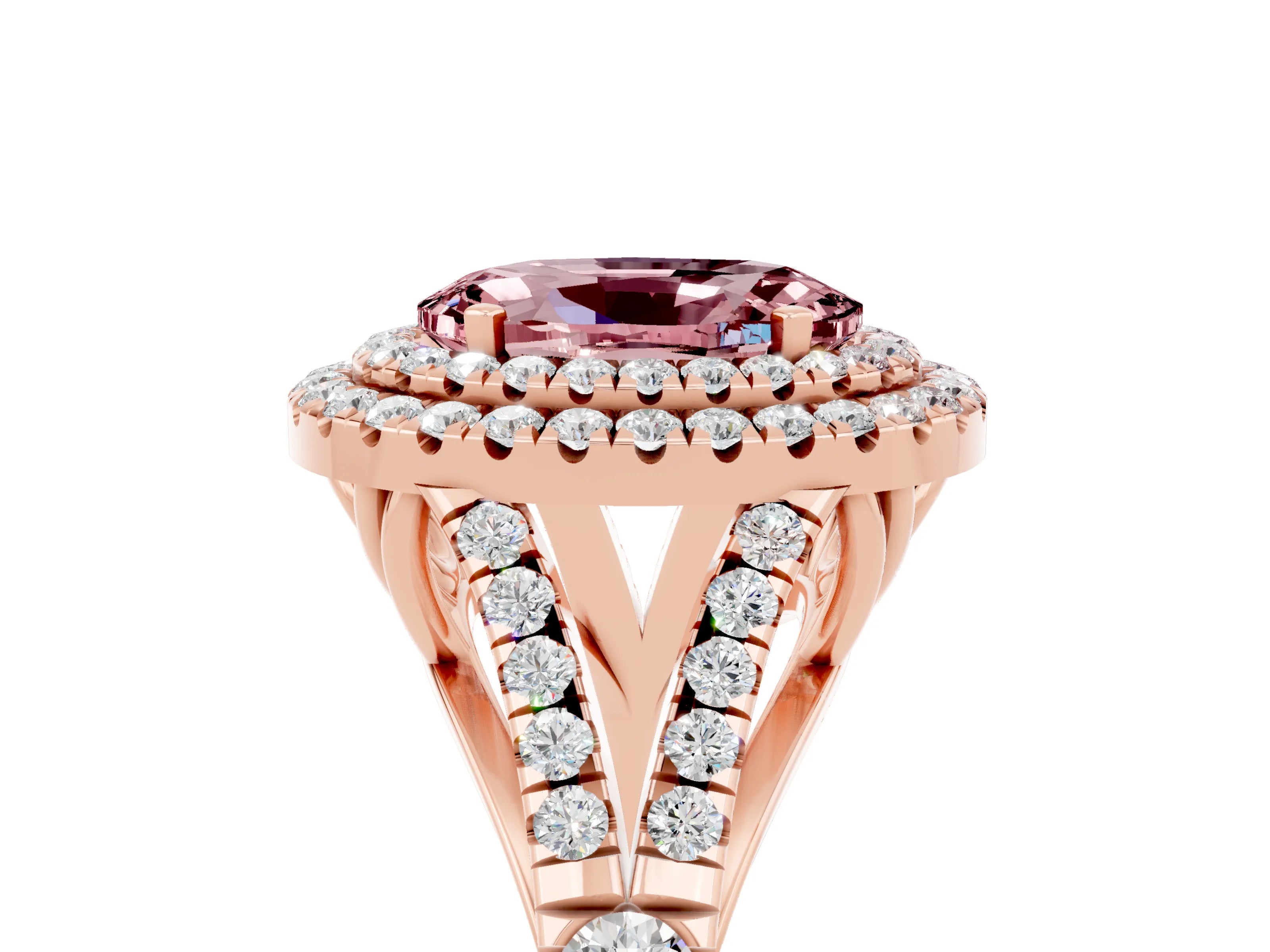 Rose gold Double Halo Oval Cut Morganite Split Shank Engagement Ring with Four-Prong Setting_5