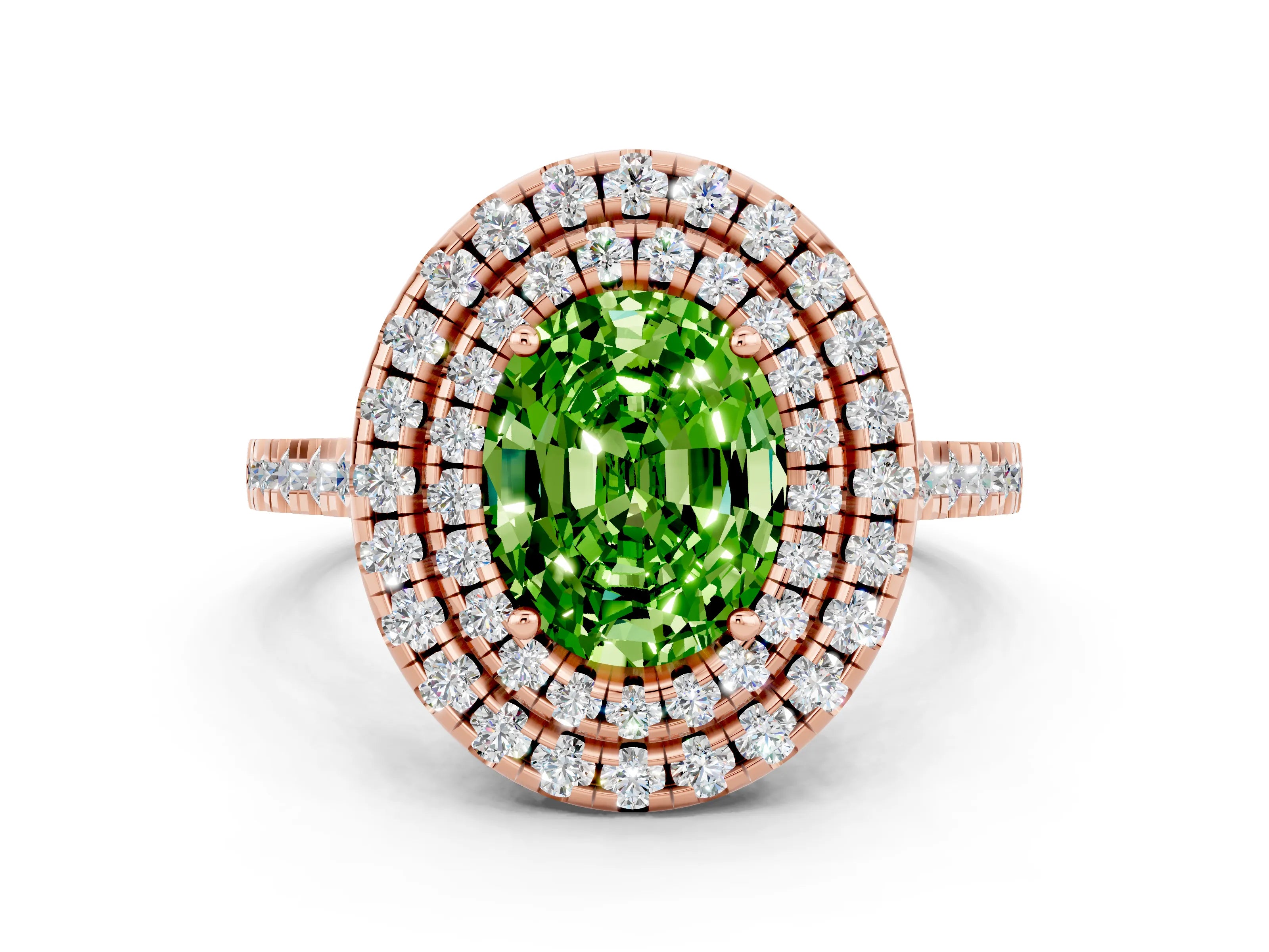 Rose gold Double Halo Oval Cut Peridot Pavé Band with Four-Prong Setting