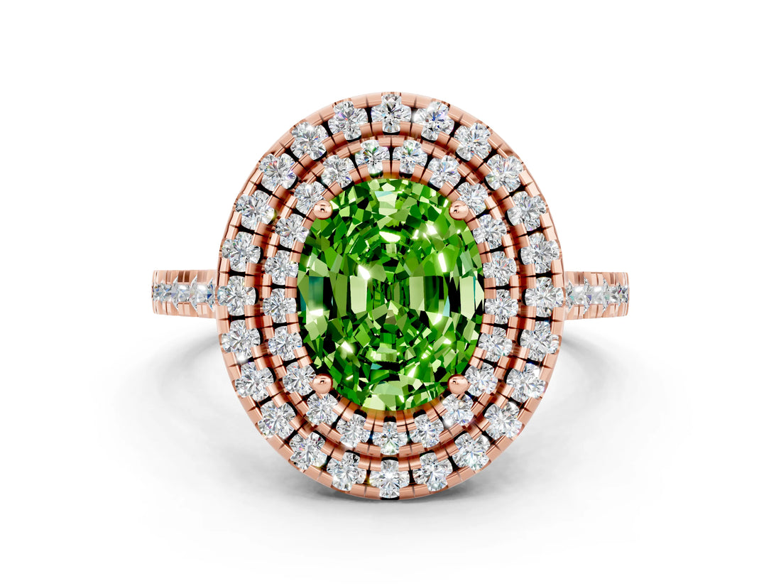 Rose gold Double Halo Oval Cut Peridot Pavé Band with Four-Prong Setting