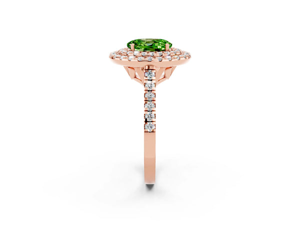 Rose gold Double Halo Oval Cut Peridot Pavé Band with Four-Prong Setting