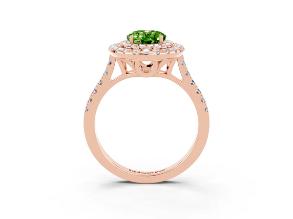 Rose gold Double Halo Oval Cut Peridot Pavé Band with Four-Prong Setting