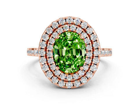 Rose gold Double Halo Oval Cut Peridot Pavé Band with Four-Prong Setting