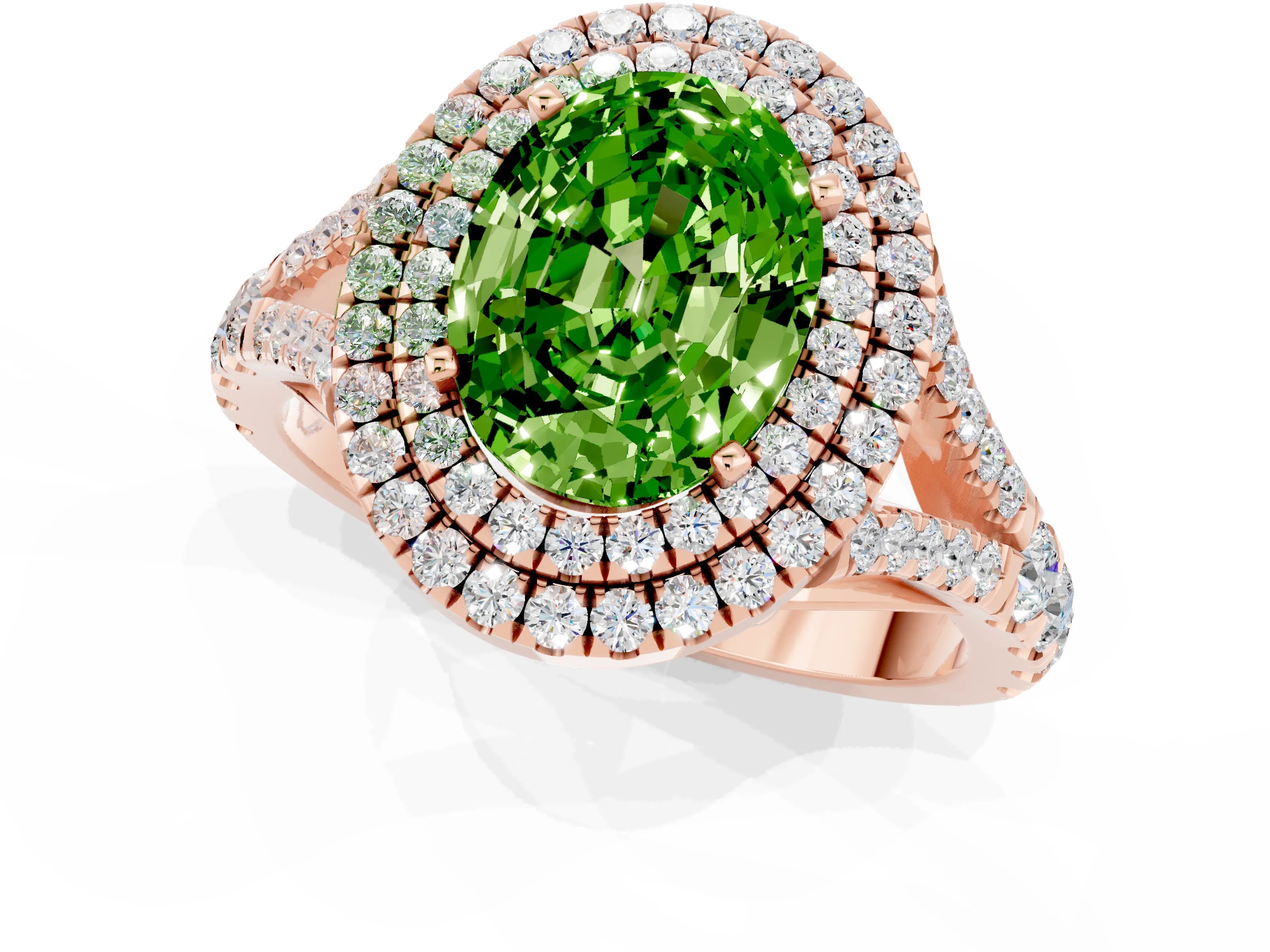 Rose gold Double Halo Oval Cut Peridot Pavé Split Shank Ring with Prong Setting_1