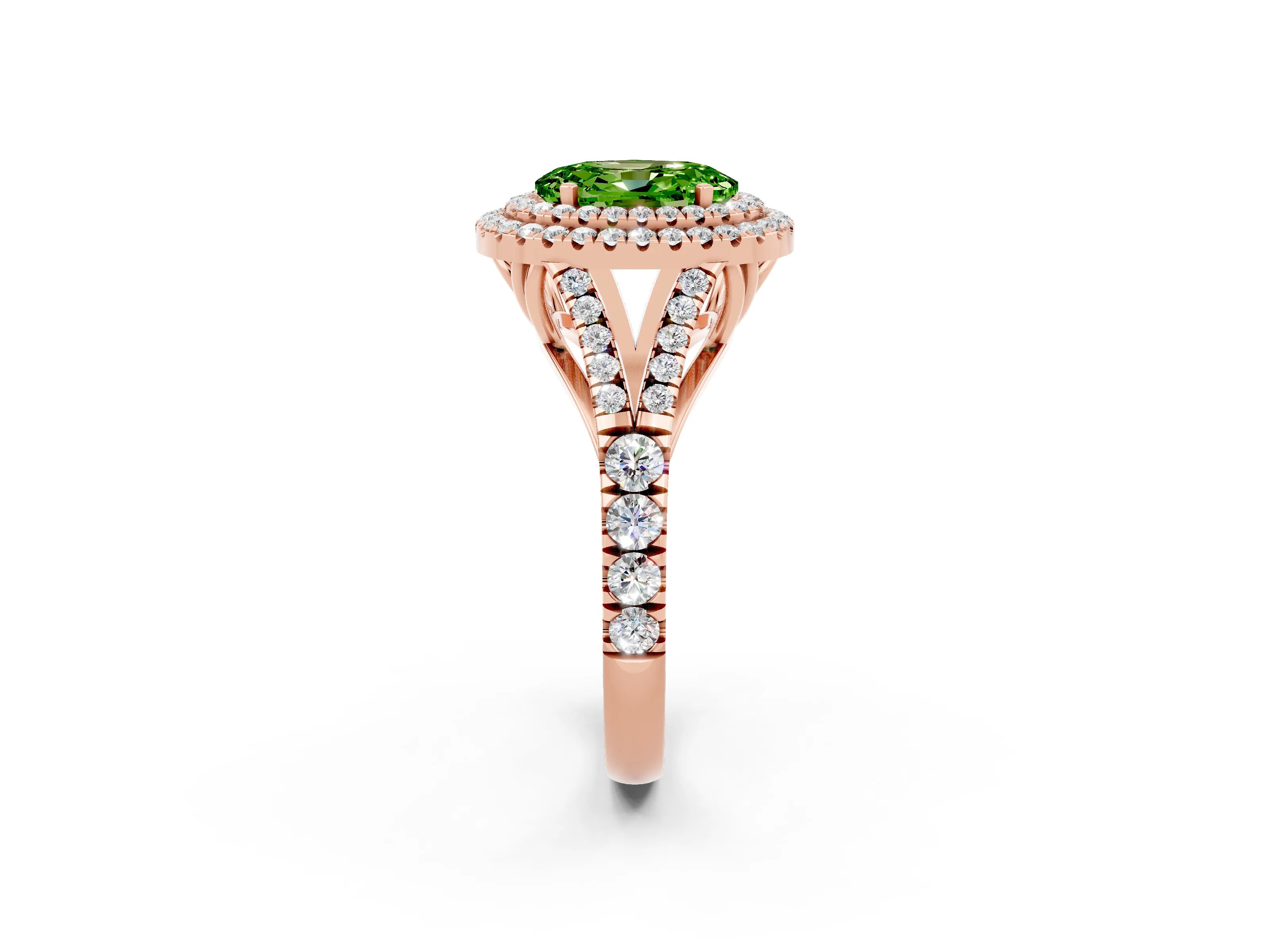 Rose gold Double Halo Oval Cut Peridot Pavé Split Shank Ring with Prong Setting_2