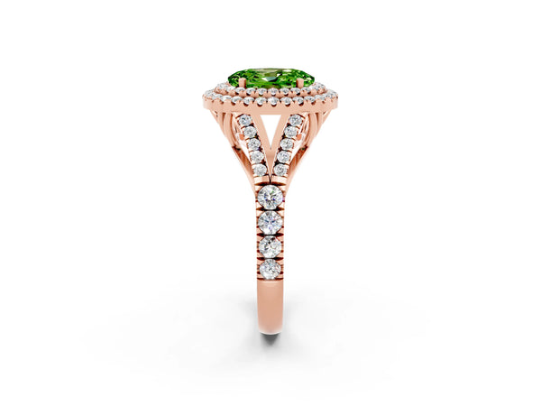 Rose gold Double Halo Oval Cut Peridot Pavé Split Shank Ring with Prong Setting