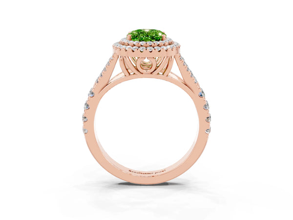Rose gold Double Halo Oval Cut Peridot Pavé Split Shank Ring with Prong Setting
