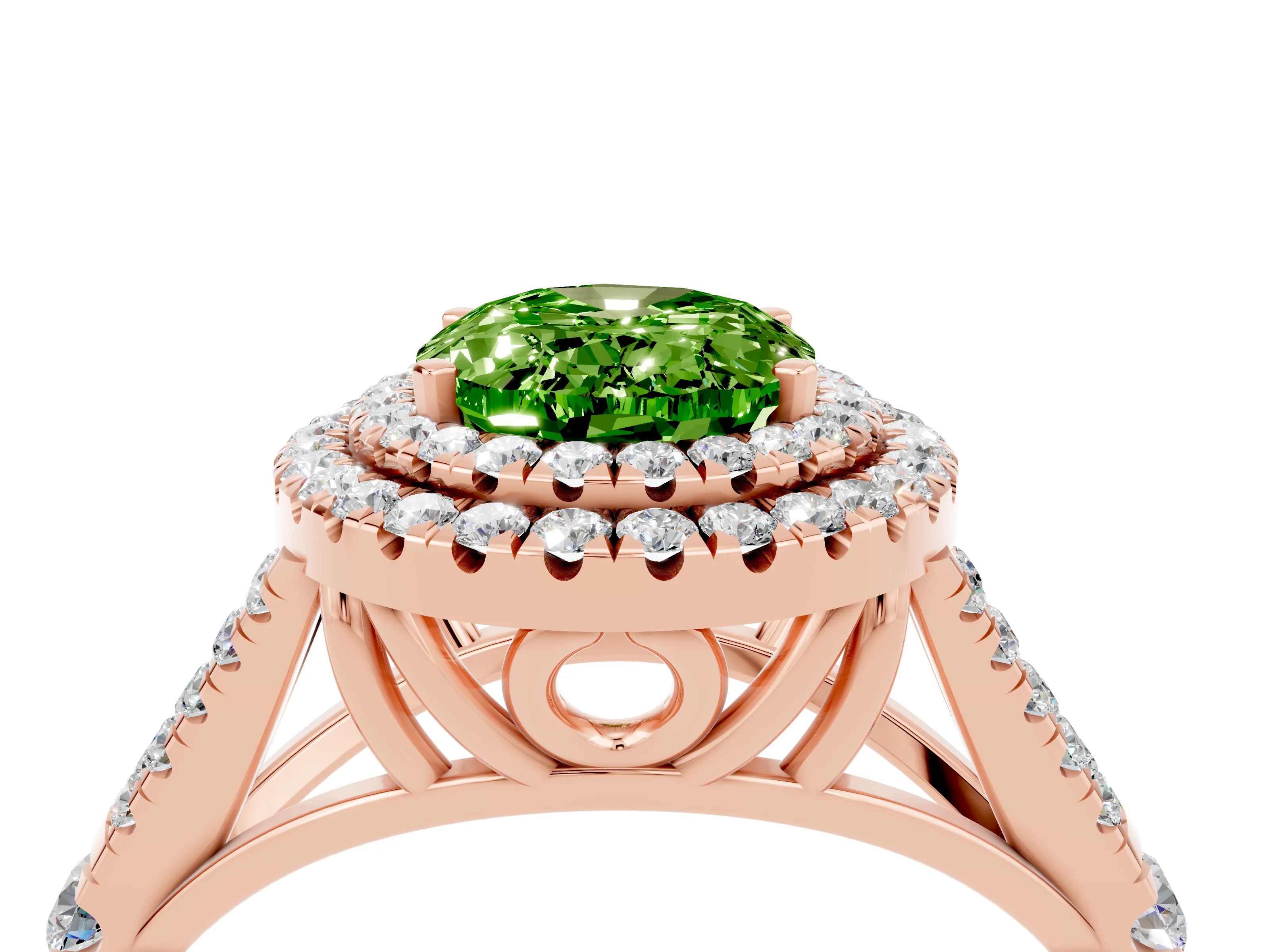 Rose gold Double Halo Oval Cut Peridot Pavé Split Shank Ring with Prong Setting_4
