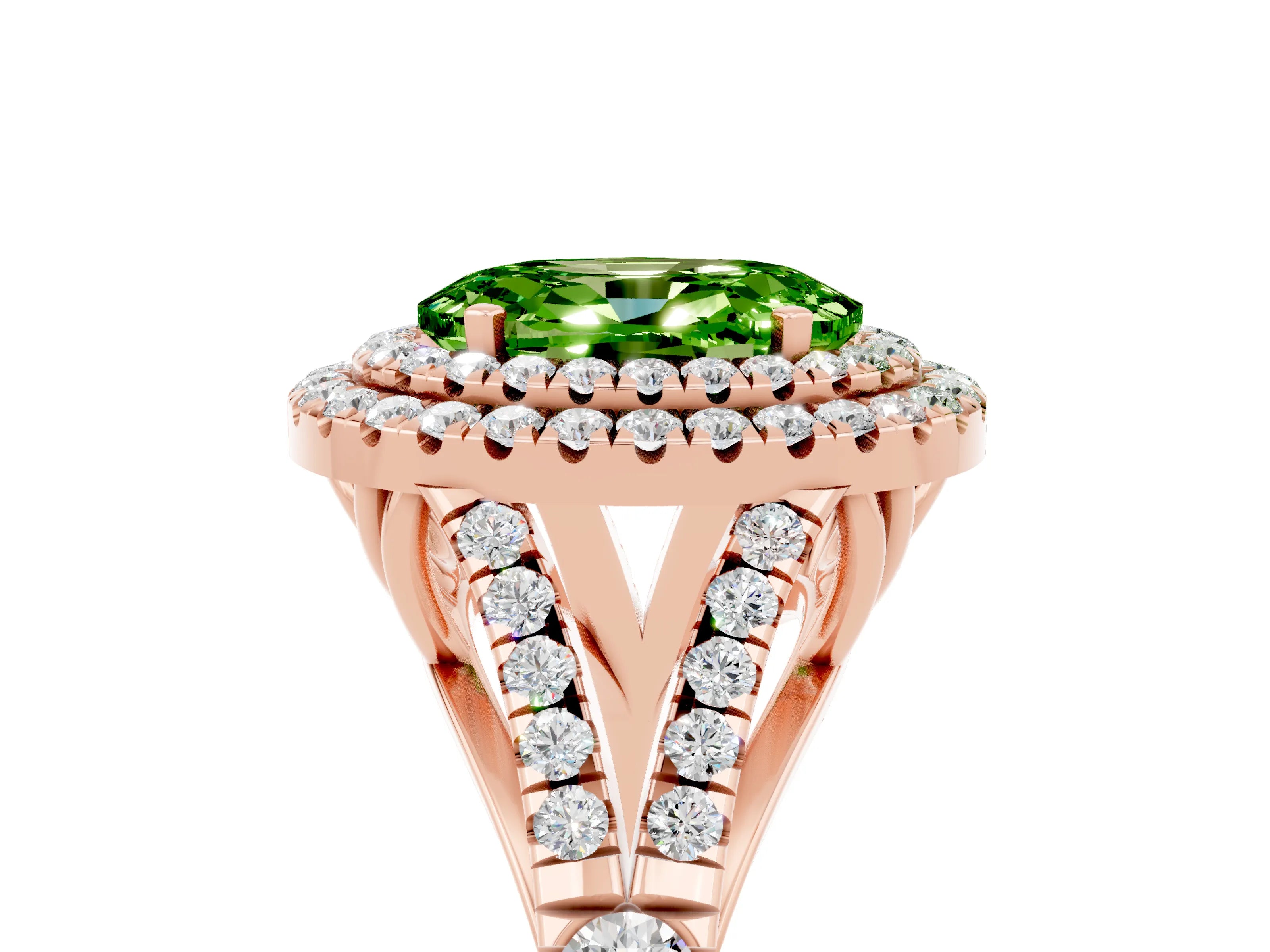 Rose gold Double Halo Oval Cut Peridot Pavé Split Shank Ring with Prong Setting_5
