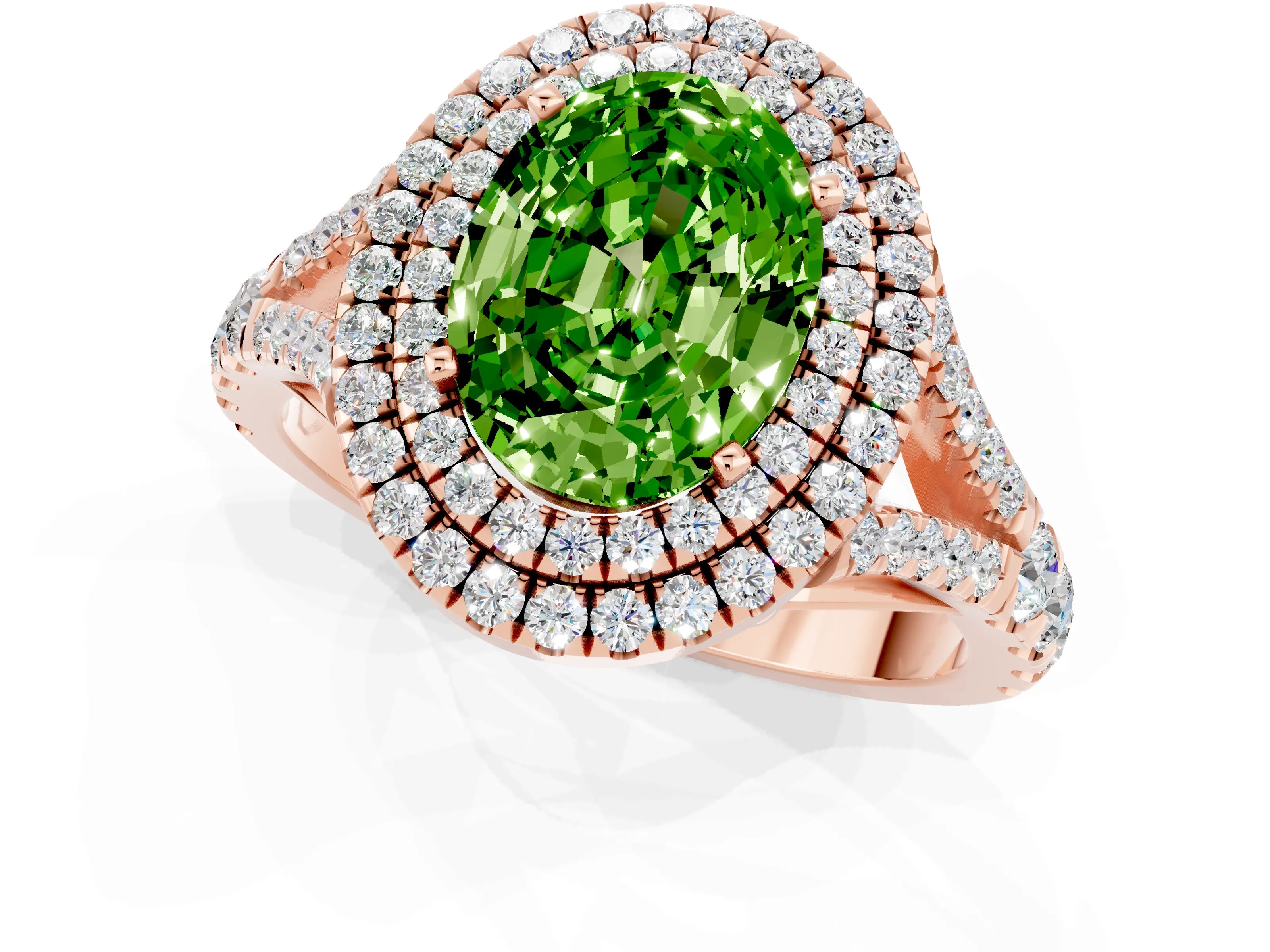 Rose gold Double Halo Oval Cut Peridot Split Shank Engagement Ring with Four-Prong Setting_1