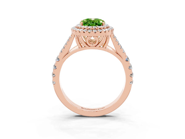 Rose gold Double Halo Oval Cut Peridot Split Shank Engagement Ring with Four-Prong Setting