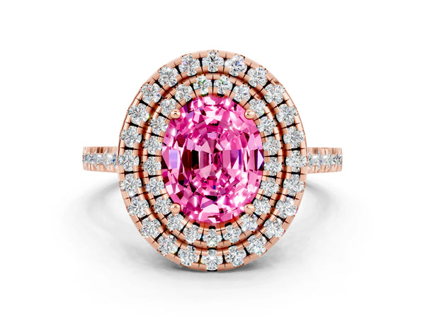 Rose gold Double Halo Oval Cut Pink Sapphire Pavé Band with Four-Prong Setting