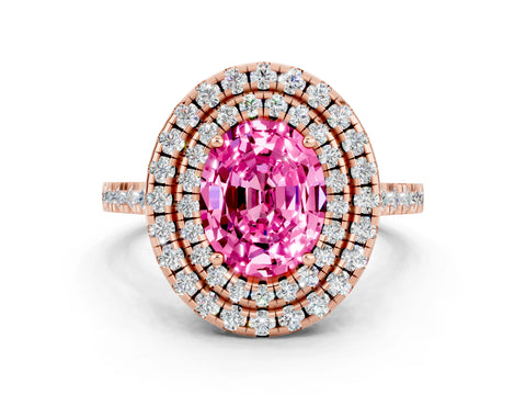 Rose gold Double Halo Oval Cut Pink Sapphire Pavé Band with Four-Prong Setting_24