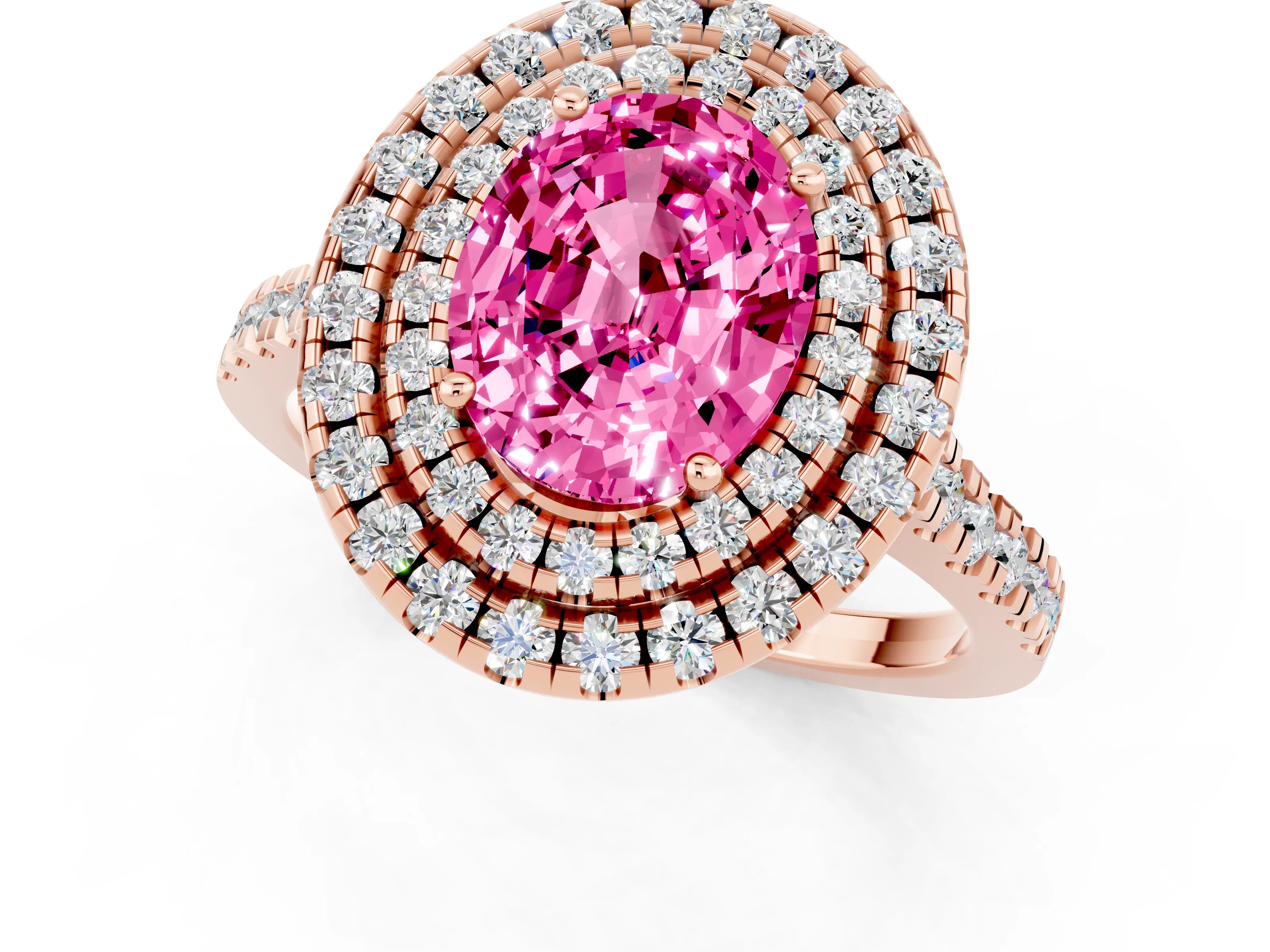 Rose gold Double Halo Oval Cut Pink Sapphire Pavé Band with Four-Prong Setting_25
