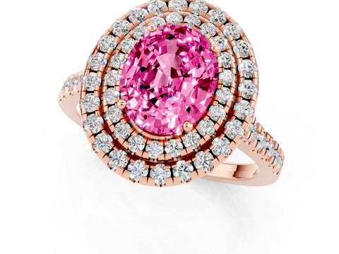 Rose gold Double Halo Oval Cut Pink Sapphire Pavé Band with Four-Prong Setting_25