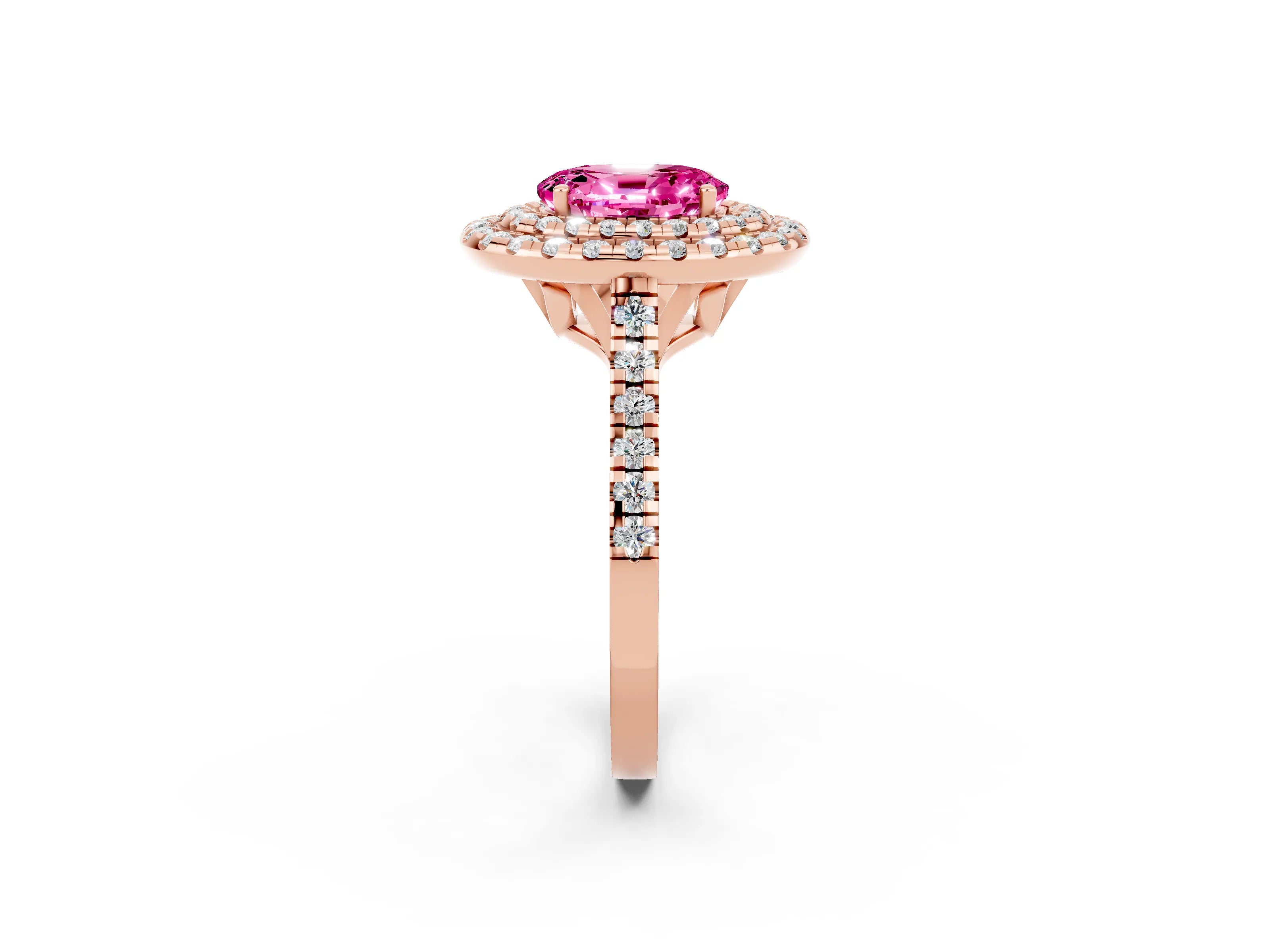 Rose gold Double Halo Oval Cut Pink Sapphire Pavé Band with Four-Prong Setting_26