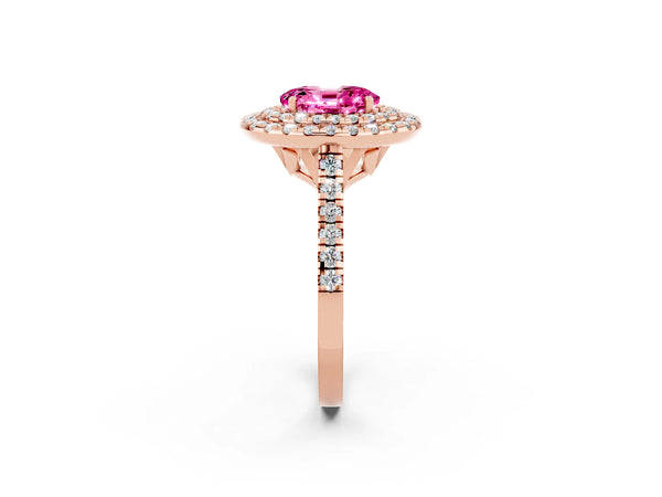 Rose gold Double Halo Oval Cut Pink Sapphire Pavé Band with Four-Prong Setting