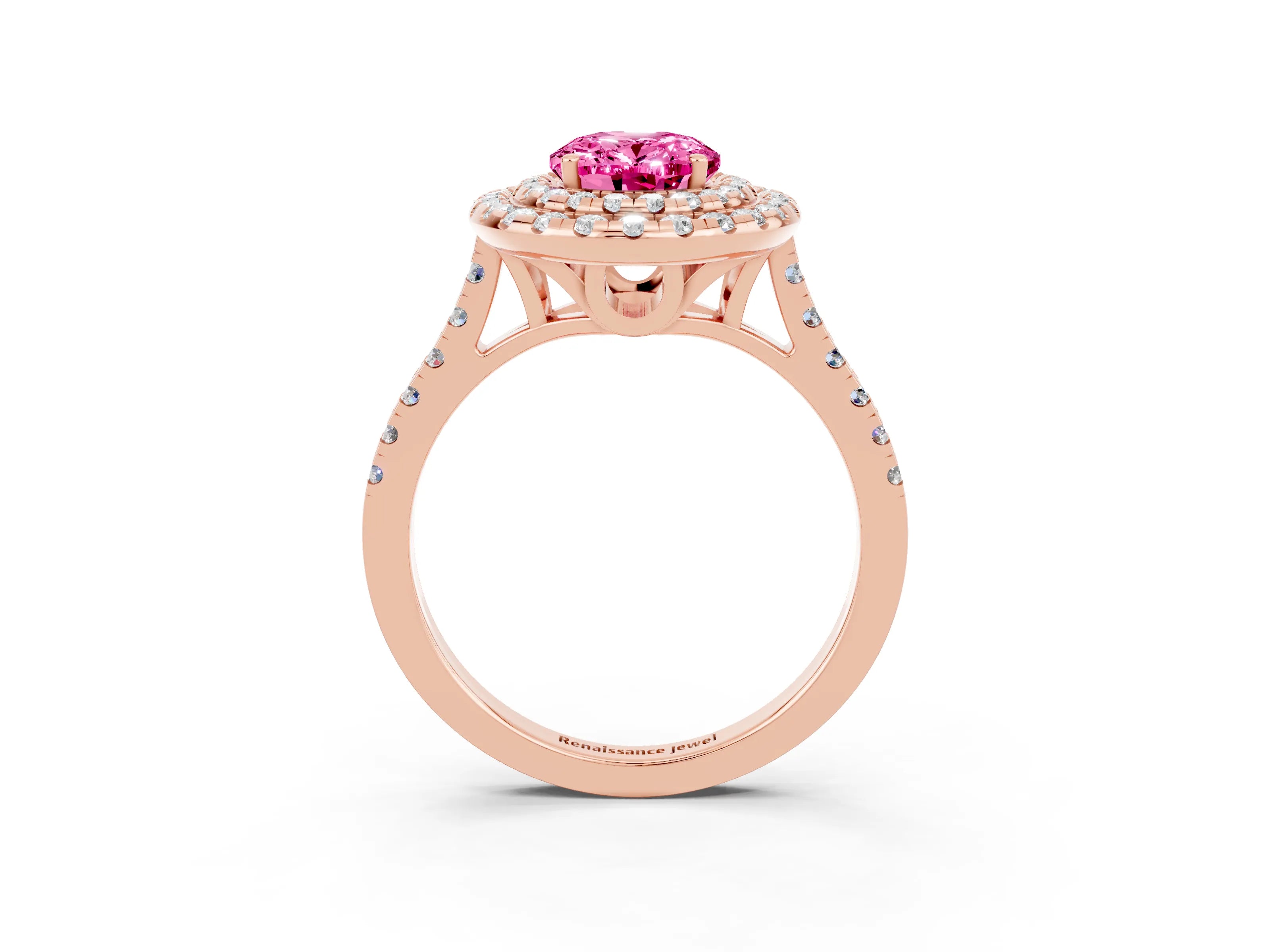 Rose gold Double Halo Oval Cut Pink Sapphire Pavé Band with Four-Prong Setting_27