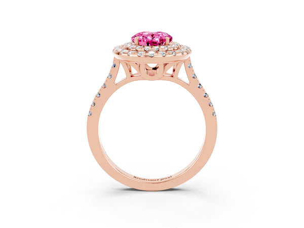 Rose gold Double Halo Oval Cut Pink Sapphire Pavé Band with Four-Prong Setting