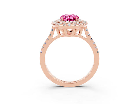 Rose gold Double Halo Oval Cut Pink Sapphire Pavé Band with Four-Prong Setting_27