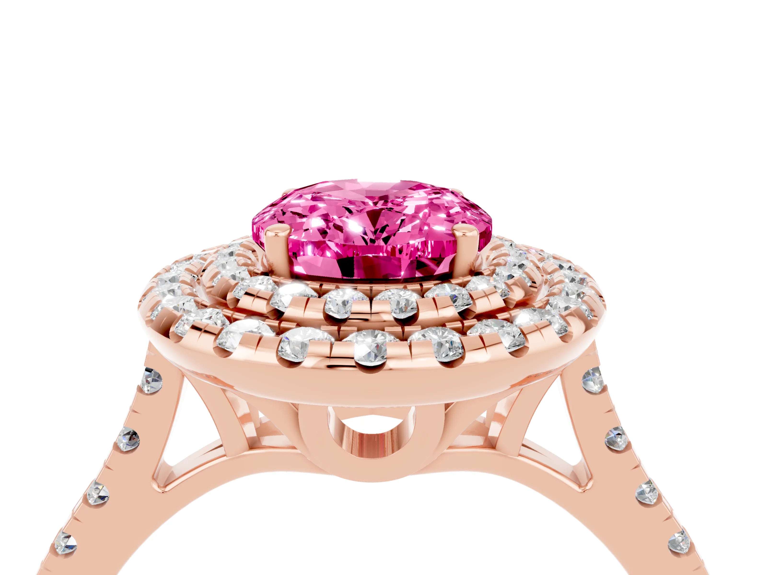 Rose gold Double Halo Oval Cut Pink Sapphire Pavé Band with Four-Prong Setting_28