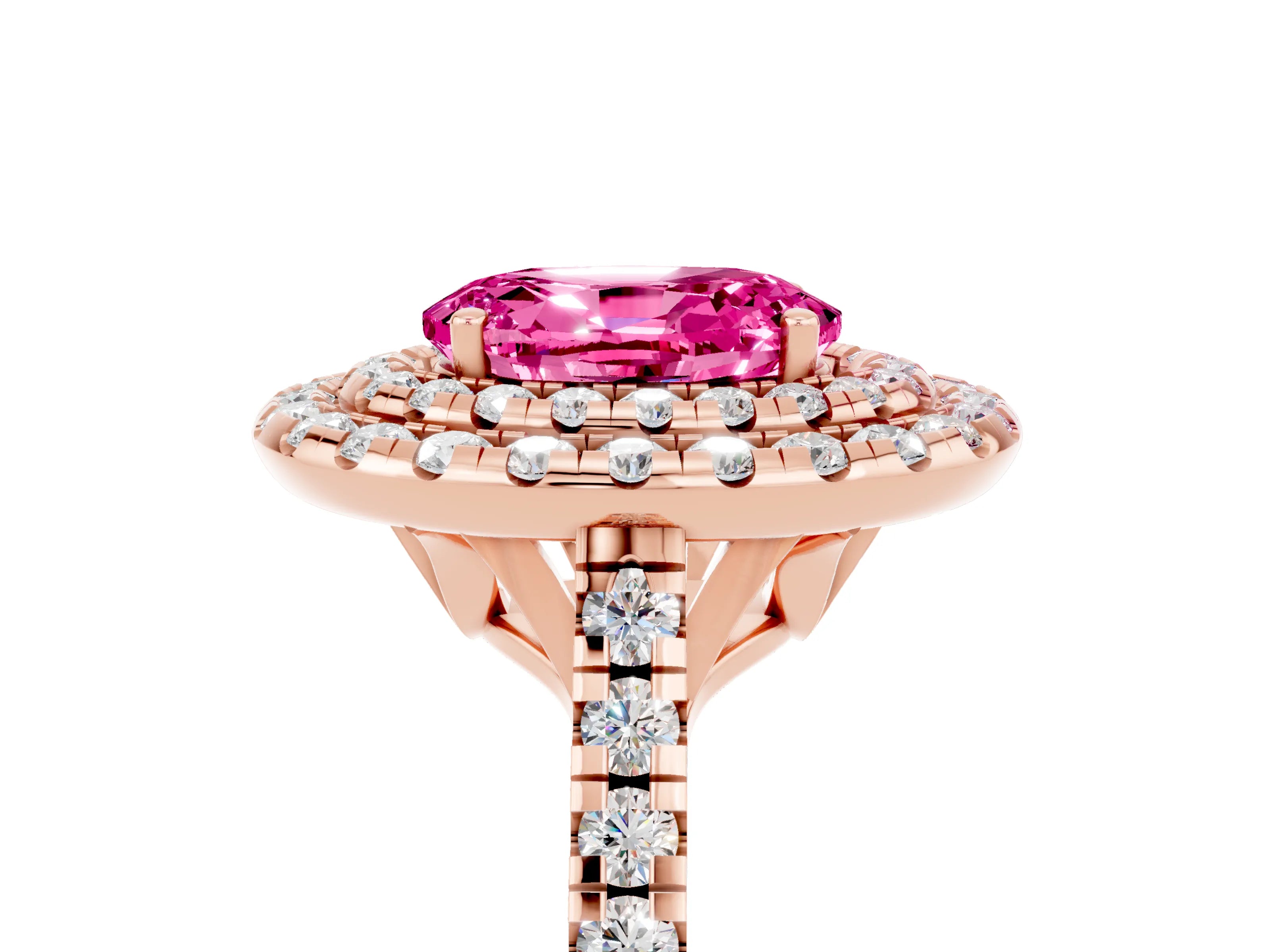 Rose gold Double Halo Oval Cut Pink Sapphire Pavé Band with Four-Prong Setting_29