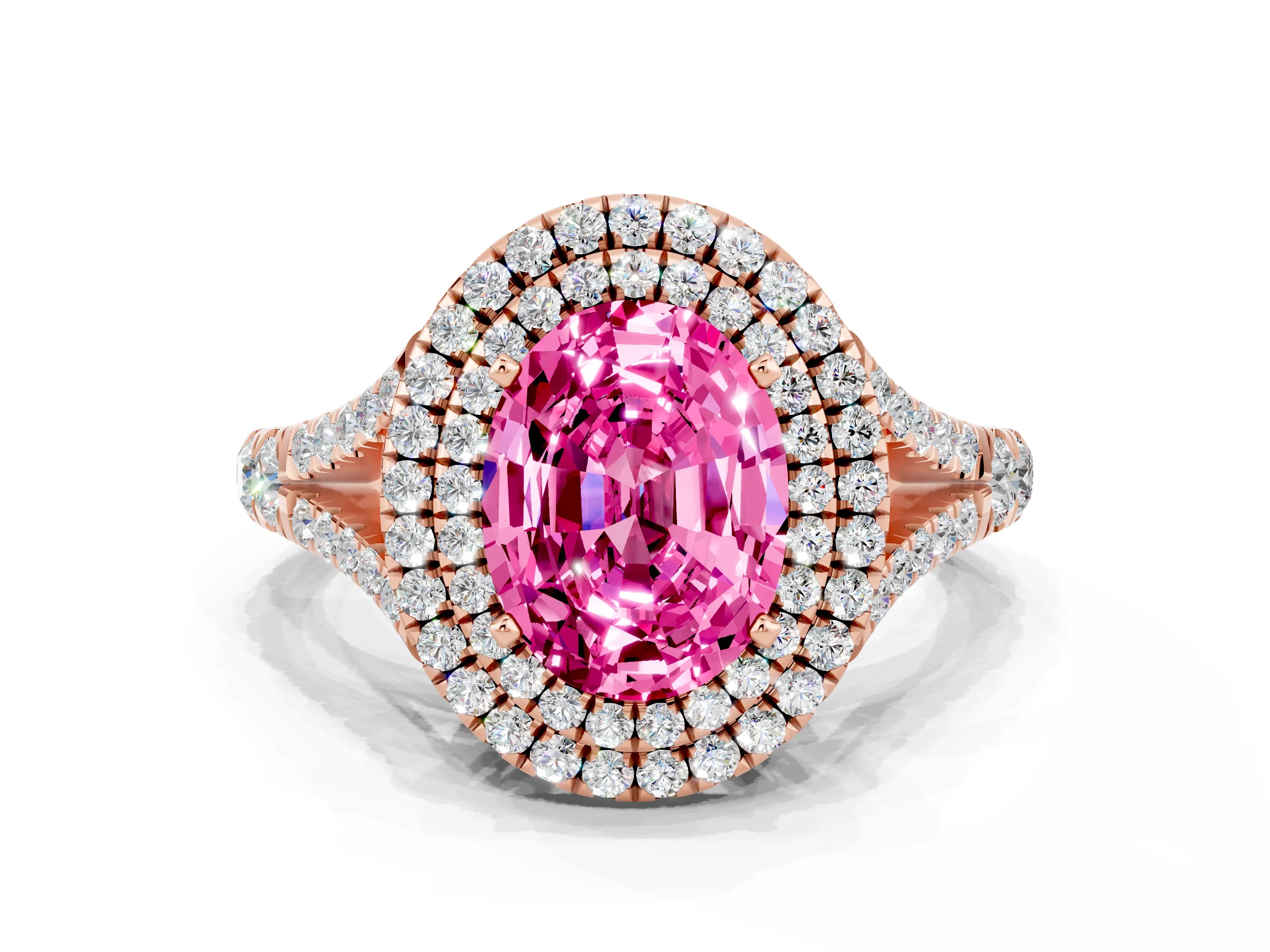 Rose gold Double Halo Oval Cut Pink Sapphire Pavé Split Shank Ring with Prong Setting