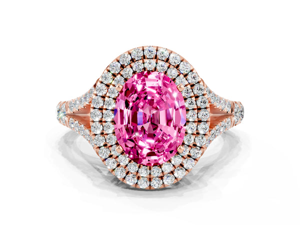 Rose gold Double Halo Oval Cut Pink Sapphire Pavé Split Shank Ring with Prong Setting