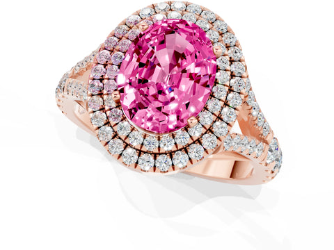 Rose gold Double Halo Oval Cut Pink Sapphire Pavé Split Shank Ring with Prong Setting_1