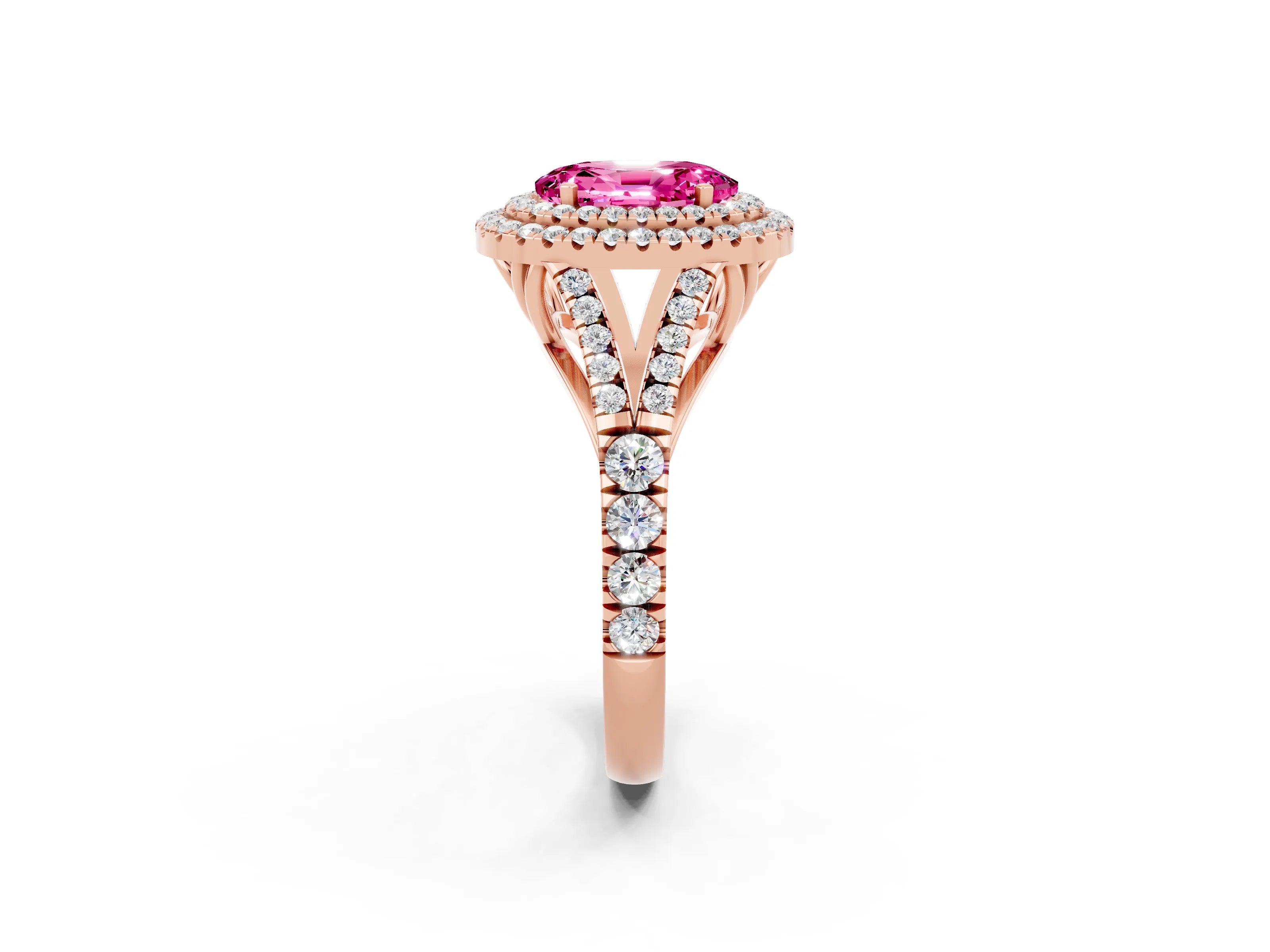 Rose gold Double Halo Oval Cut Pink Sapphire Pavé Split Shank Ring with Prong Setting_2