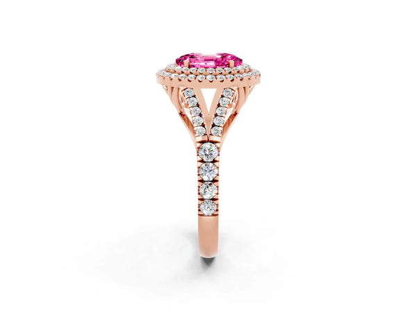 Rose gold Double Halo Oval Cut Pink Sapphire Pavé Split Shank Ring with Prong Setting