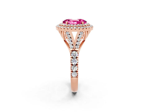 Rose gold Double Halo Oval Cut Pink Sapphire Pavé Split Shank Ring with Prong Setting_2
