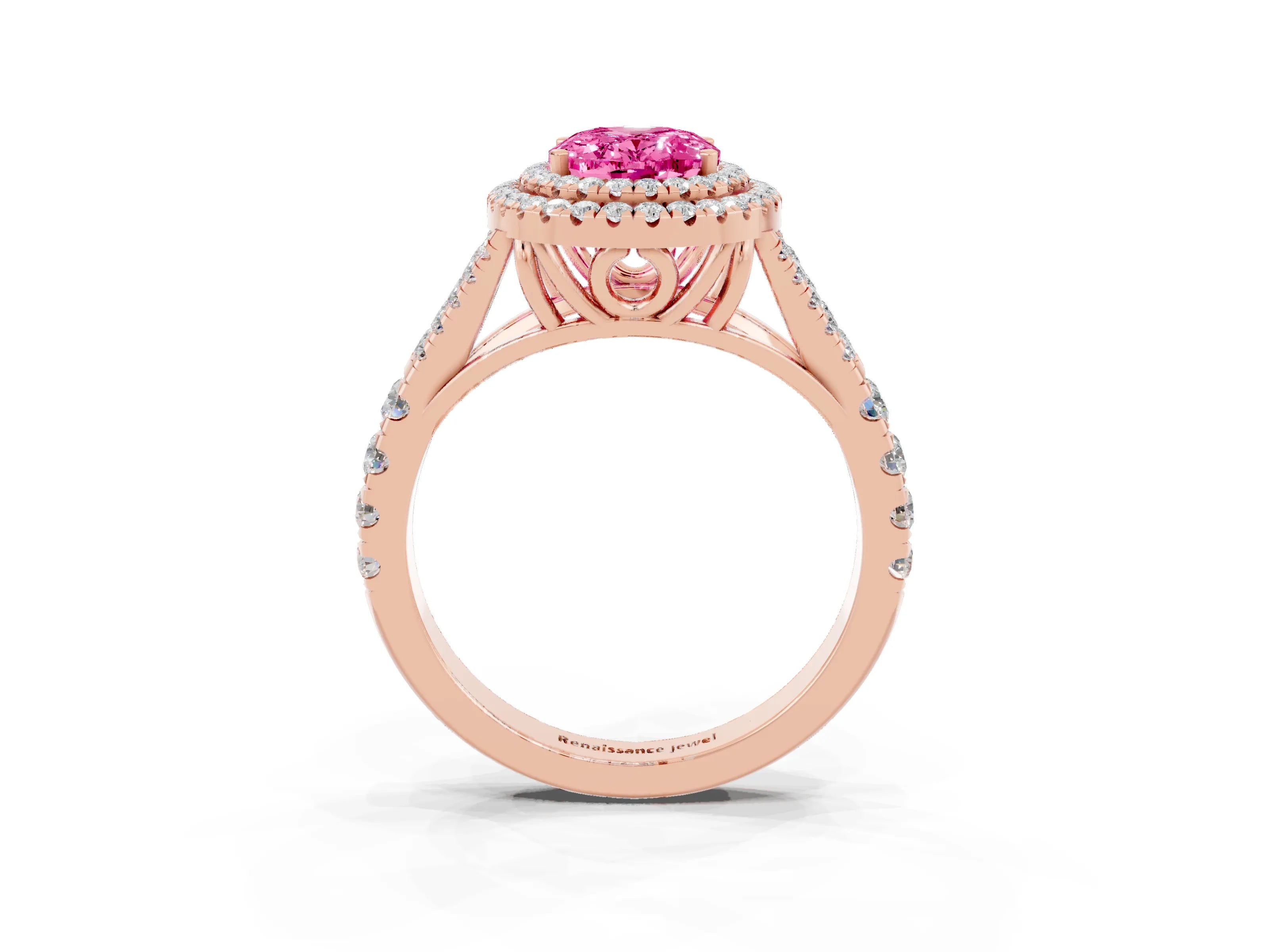Rose gold Double Halo Oval Cut Pink Sapphire Pavé Split Shank Ring with Prong Setting_3