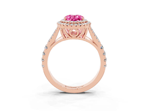 Rose gold Double Halo Oval Cut Pink Sapphire Pavé Split Shank Ring with Prong Setting